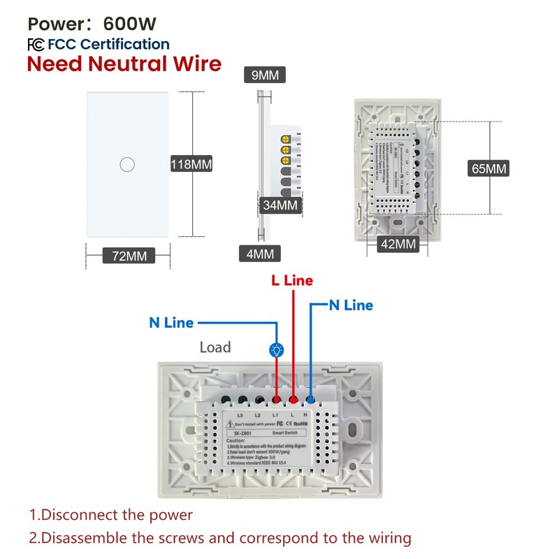 LOUYSGEN Zigbee Smart Switch 118X72X34MM,Need Zigbee Hub and Neutral Wire,2.4GHz
