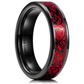 King Will DRAGON Men's Tungsten Ring 6mm Red Carbon Fiber Black Celtic Dragon Tungsten Carbide Ring Wedding Band