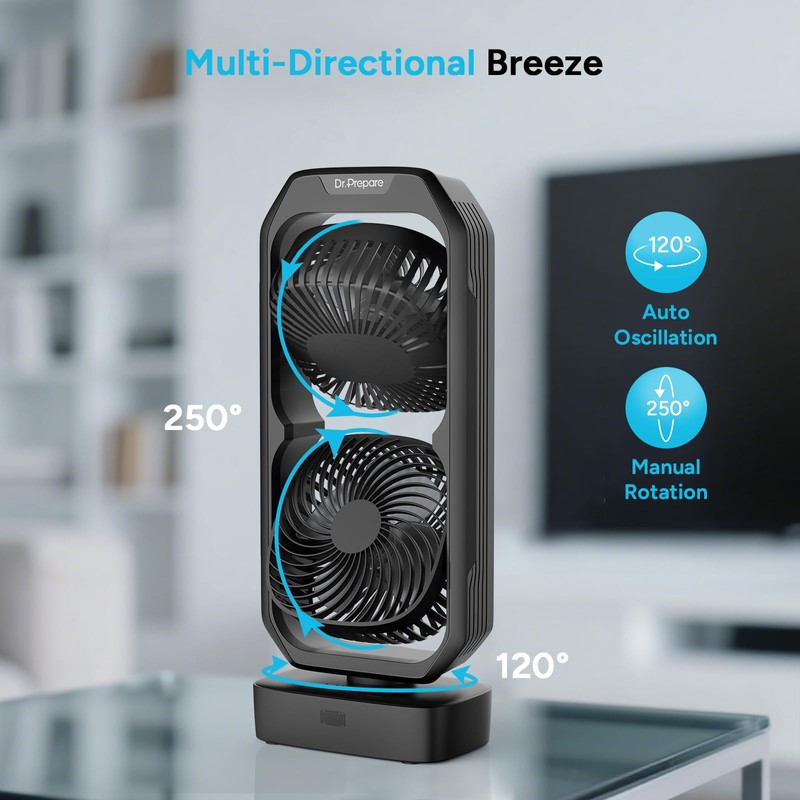 DR.PREPARE Small Oscillating Tower Fan with Remote, Rechargeable Battery Powered