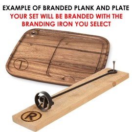 BBQ Fans Letter M Branding Iron for Steak, Buns, Wood & Leather | Includes Redwood Plank & Wood Steak Plate
