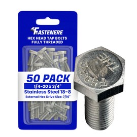 1/4-20 x 3/4" Hex Head Cap Screw Bolts, External Hex Drive, Stainless Steel 18-8, Full Thread, Bright Finish, Flat Point, Quantity 50 by Fastenere