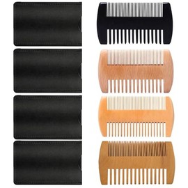 Paquete de 4 peines de bolsillo de doble cara, juego de peine de madera de doble acción para barba y bigote con fundas de cuero para barbas y bigotes,