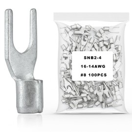 100Pcs #8 Non-Insulated Fork Terminal,16-14 AWG Brazed Seam Red Copper Wire Connectors,Crimp Connector Terminal Kit (Fork #8 100PC, AWG16-14)
