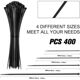 HAVE ME TD Cable Zip Ties,400 Pack Black Assorted Sizes 12+8+6+4 Inch,Multi-Pur