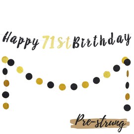 LASKYER Happy 71st Birthday Bunting Banner with Black & Gold Glitter Circle Dots Set Perfect for 71 Years Old Birthday Party Decorations.