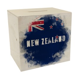 Wooden money box with New Zealand flag in used look, piggy bank for holidaymakers, a beautiful money box decorated with the New Zealand national flag to travel to