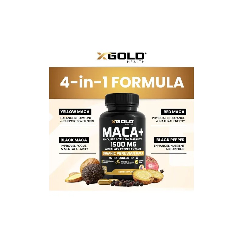 Organic Maca Root Powder Capsules Black, Yellow, Red -1000mg