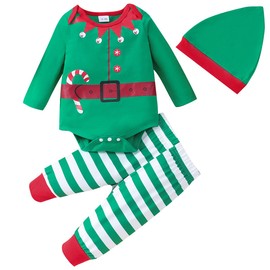 NUBEEHOHO Babies Xmas Elf Romper Outfit Infant Christmas Striped Bodysuit Long Sleeve Clothing Set 6-12 Month