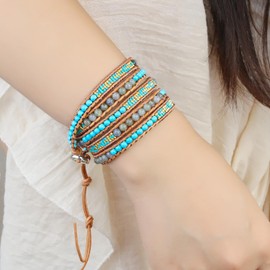 KELITCH 5 Wraps Synthetic Turquoise and Hematite Beads bracelet friendship bracelets leather gold Stylish Chain
