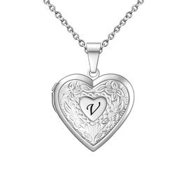 KunBead Heart Picture Locket Pendant Necklace Letter V Initial Photo Locket Necklaces for Picture