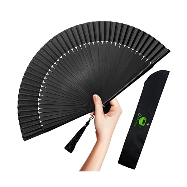 OMyTea Folding Hand Fan for Women - Foldable Chinese Japanese Vintage Bamboo Silk Fan - for Hot Flash, Church, Decoration, EDM, Music Festival, Dance, Party, Performance, Gift (Solid Sexy Black)