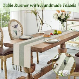 NICKLIN Table Runner with Handmade Tassels,33x183cm Table Runners for Dining Table,Boho Style Sage Green Weave Stripes Polyester Fabric Rustic Cotton Linen Table Runner for Weddings,Hotels Decoration