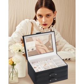 V-LAFUY Jewelry Boxes with Glass Lid, Jewelry Boxes for Women 3-Tier Jewelry Organizer with 2 Drawers, Jewelry Display Case Gift for Women Girls Men - Black