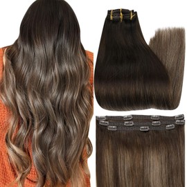 Full Shine Clip In Hair Extensions 18Inch Double Weft Human Hair Clip In Balayage Hair Extensions Color 2 Fading To 8 and 2 Darkest Brown Human Hair Clip In Extensions 50 Gram Lace Clip Hair 3 Pcs