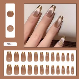 24 Pcs Gold French Tip Press on Nails Medium Cat Eye Fake Nails Coffin Shape False Nail Tips Full Cover Glue on Nails Medium Length Nails Press ons Reusable Stick on Nails for Women Girls Nail Art