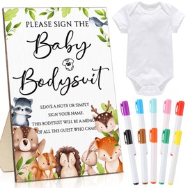 Qunclay 12 Pcs Baby Bodysuit Baby Shower Game Include 1 Game Wooden Sign Tabletop Decor 1 White Blank Newborn Bodysuit 10 Fabric Marker for Gender Reveal Party(Woodland)