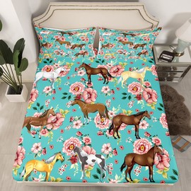 Kids Horse Bedding Set Chic Retro Floral Bed Sheets for Girls Teens Galloping Horse Printed Sheet Set 3D Wild Farm Animal Fitted Sheet Bedroom Decor Flat Sheet 3Pcs Twin Size Deep Pocket, Green Pink