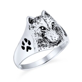 Bling Jewelry Wolf Head Black Enamel Animal Paw Print Sterling Silver Ring
