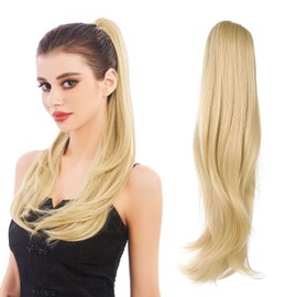 Ponytail Extension,Hair Extension Ponytail 22" Long Claw Hair Extension Synthetic Wavy Straight Hairpieces Ponytail Clip in Ponytail Wig Daily Fluffy Pony Tail for Women,4.8 OZ,Blonde