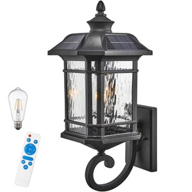 NAXTTII Outdoor Solar Wall Light Dusk to Dawn Solar Porch Light with Water Ripple Glass 20 Inch Height Large Size Outdoor Wall Sconce for Garage Porch Front Door Black Finish and Waterproof