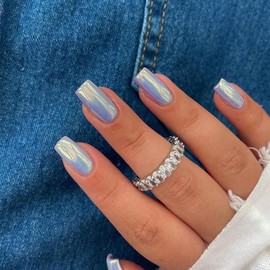 Light Blue Chrome Square Press on Nails Medium Short,KQueenest Mirror Metal False Acrylic Nails Press Ons,Metallic Fake Nails,Glue on Nails Medium,UV Cover Stick on Nails for Women in 24 PCS