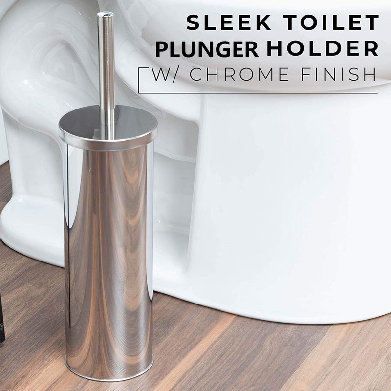 Chrome Toilet Plunger with Holder Bathroom Metal Canister Holder Drip