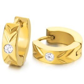 Gold Hope Earrings Laser Pattern Cubic Zirconia Huggie Ear Cuff Earrings Stainless Steel for Men Women, Stainless Steel, Cubic Zirconia