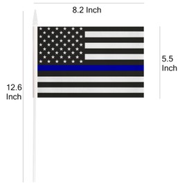 12 Pack Thin Blue Line American Police Stick Flag, Hand Held Small Mini USA Policeman Flag With 12 Inch White Solid Pole and Spear Top, Honoring Law Enforcement Officers Flags, Outdoor Decoration,