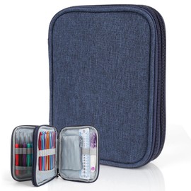 Katech Crochet Hooks Case - Portable Travel Storage Bag with Zipper, Web Pocket, and Holder Slots for Various Crochet Needles (Blue)