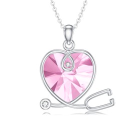SLIACETE 925 Sterling Silver Stethoscope Necklace for Women with Austrian Crystal Jewelry Gifts for Nurses Doctors, October