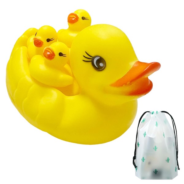 Lot de 4 jouets de bain pour bébé en caoutchouc avec 1 sac de rangement avec cordon de serrage - Canard flottant pour la piscine à la maison - Jouet classique en caoutchouc pour la salle de bain