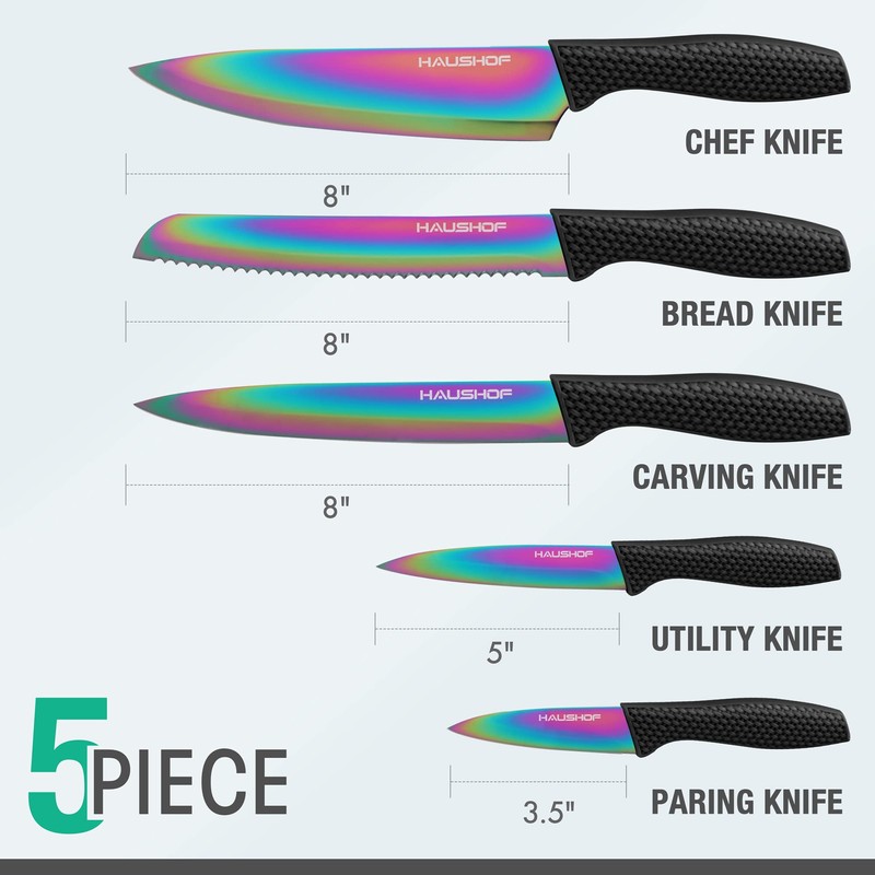 HAUSHOF Kitchen Knife Set, 5 PCS Rainbow Knife Sets with