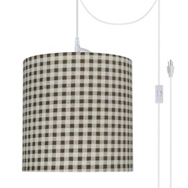 Aspen Creative 71057-21 One Plug-in Swag Conversion Kit Pendant Light with Transitional Drum Fabric Lamp Shade, 8" Width, Brown Plaid