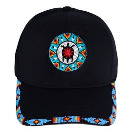 Baseball Cap for Men Women Native American Style Blue Turtle Feather Pattern Beaded Patch with Brim Beaded Colorful Cotton Cap Unisex