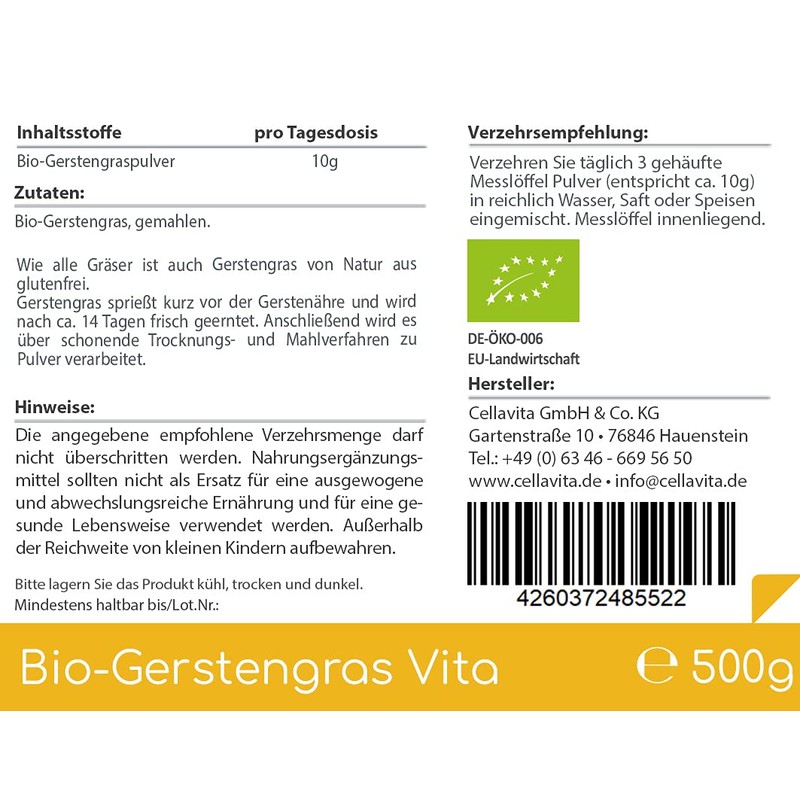 Cellavita Organic Barley Grass Vita - the Superfood Organic Vegan