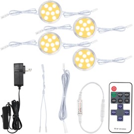 Meigour Wired LED Puck Lighting Kit, Wireless Remote Control Dimmable Under Bookcase Display Shelves Lights, 110 Volt Wall Plug in Linkable Daisy Chained Curio Cabinet Lights, 4 Lights, Warm White