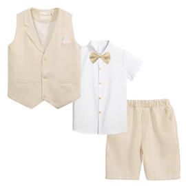 LOLANTA Boy Summer Suit Wedding Ring Bearer Outfits Kids 4 pcs Cotton/Linen Blend Vest Shorts Set(Khaki,8)