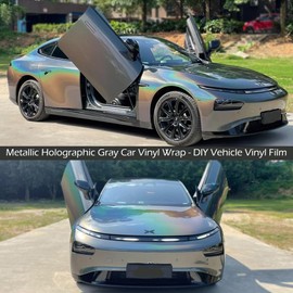 AuMoHall Metallic Holographic Gray Car Vinyl Wrap Gloss Rainbow Gray Chameleon Car Body Protective Film with Sparkling Diamond Color Change Effect DIY Vehicle Wrapping Roll, 59.84" x 7.87"