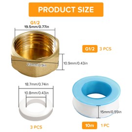 Lyeteung 3 PCS G1/2 Brass Hexagonal Internal Thread Cap, Brass Blanking Stop Caps, Hose Caps Hexagonal Brass Fitting Pipe Cap, with Hose Washers and Raw Material Tape, for Valve Pipe Fittings