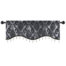 NAPEARL Scalloped Valance Curtains-Decoration Jacquard Swag Valance for Living Room Window, Rod Pocket Valance Tire for Kitchen, Small Windows (Black, 52W x 18L)
