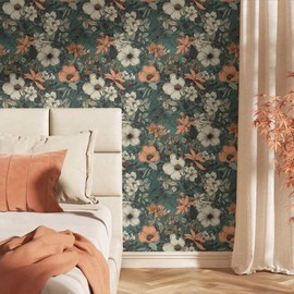 VistaPalette Teal Blue Green Orange White Flowers Plants Leaf Botanical Peel and Stick Wallpaper Wall Decor Self Adhesive Wall Paper Stick on Easy Peel Off Contact for Renter Apartment