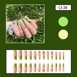 St. Patrick's Day Press on Coffin Long Nails 24Pcs Artificial Fake Nails with Green Clover Designs Shamrocks Glossy Full Cover Acrylic Reusable False Nails Glue Stick on Fingernails for Women Girls