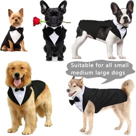 Dog Tuxedo Shirt Formal Suit Bandana Set, Pet Bow Tie Outfit Wedding Tux Prince Wedding Attire Party Costume Suit for Large Medium Dogs Golden Retriever Clothes Gentleman Apparel Coat (Black, Small)