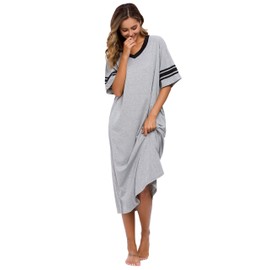 Vslarh Women's Nightgown Long Loungewear Short Sleeve Sleepshirt V Neck Pajama Dress with Pockets S-3XL Gray