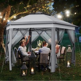 Yaheetech 13×13 Pop-Up Patio Gazebo Tent W/Mesh Netting Sides & 25 Solar LED Lights, Hexagonal Double Vented 3 Height Adjustable Gazebo with Storage Bag for Backyard, Garden, Light Gray & Dark Gray