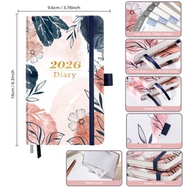 2026 Diary - Diary 2026 A6 from January to December 2026, 2026 Pocket Diary with Elastic Closure, Pen Loop, 2 Book Marks & Back Pocket