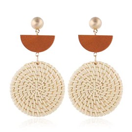 Bohemian Handmade Lightweight Rattan Earrings Geometric Wooden Woven Hollow Braid Hoop Drop Dangle Earrings For Women (Brown semi-circle White Round Rattan Earrings)