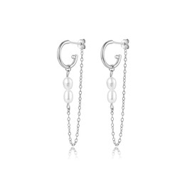 SAINT RAPHAËL Pearl Earrings for Women, 925 Sterling Silver Chain Dangle Hoop Earrings for Women, Pearl Drop Earrings Hypoallergenic, Dainty Wedding Earrings (Silver)