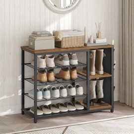 YATINEY Industrial 5-Tier Shoe Rack, Metal Shoe Storage Organizer with Side Oxford Pocket, Entryway Heavy Duty Shoe Shelf for Small Spaces, Entryway, Hallway, Rustic Brown and Black SS84BR