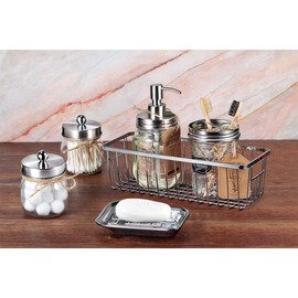Mason Jar Bathroom Accessories Set (6PCS) - Lotion Soap Dispenser,Toothbrush Holder,2 Apothecary Jars(Qtip Holder), Soap Dish,Storage Organizer Basket - Rustic Farmhouse Decor (Brushed Nickel)